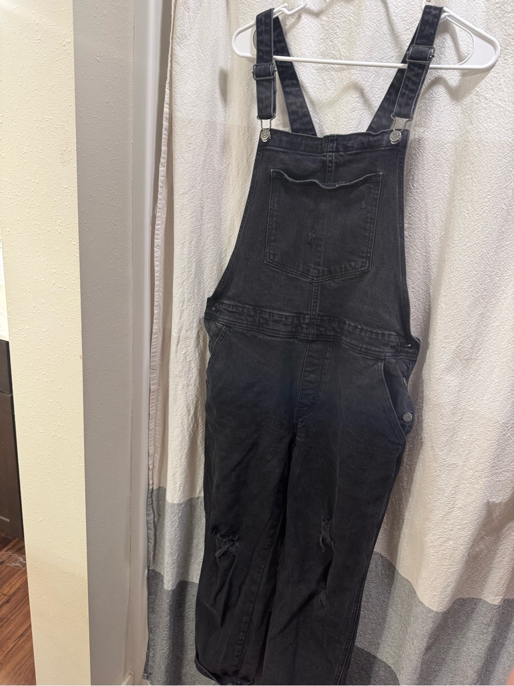 Old Navy Black Washed Denim Distressed Overall Jumpsuit